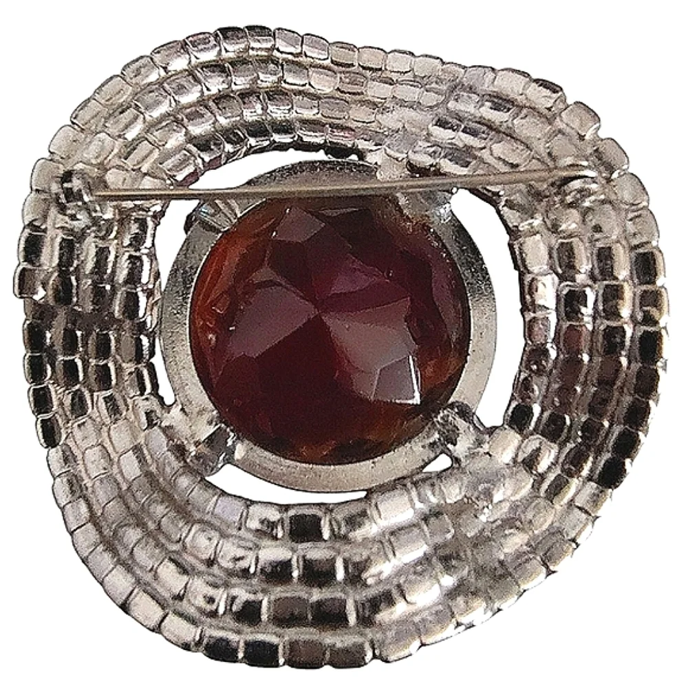 Vintage Wavy Silver Tone Topaz Red Givre Glass & AB Rhinestone Unsigned